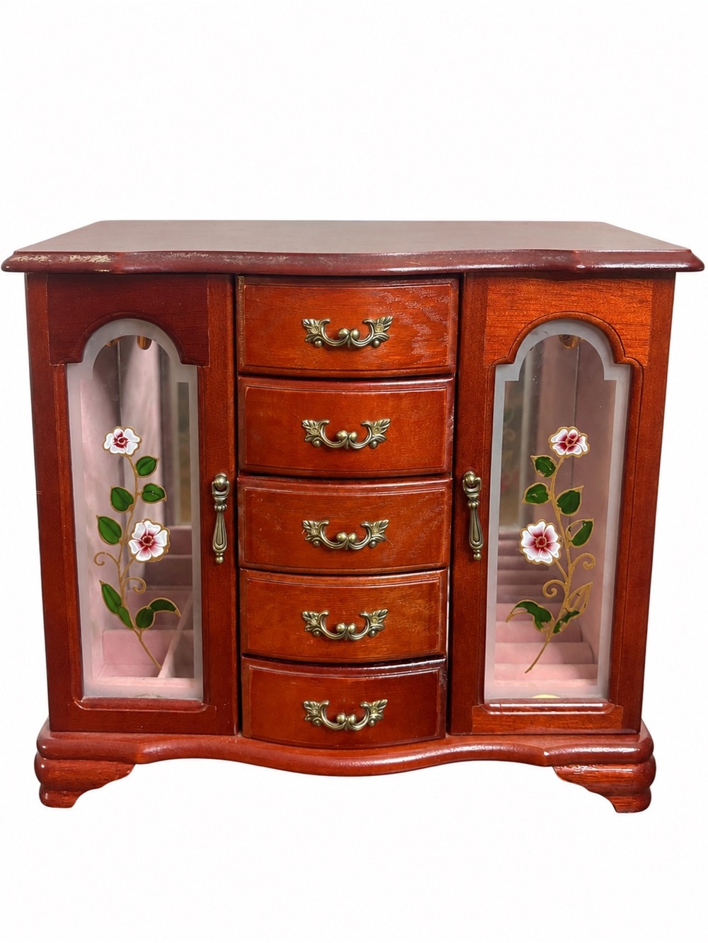 Wooden Jewelry Armoire Chest in Cherry Red with Floral Glass Panels
